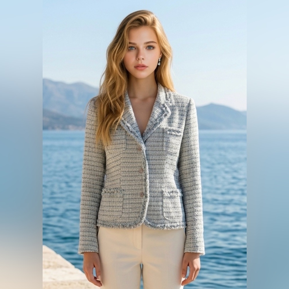 Classic Tweed Bouclé Blazer in Light Blue & Cream
